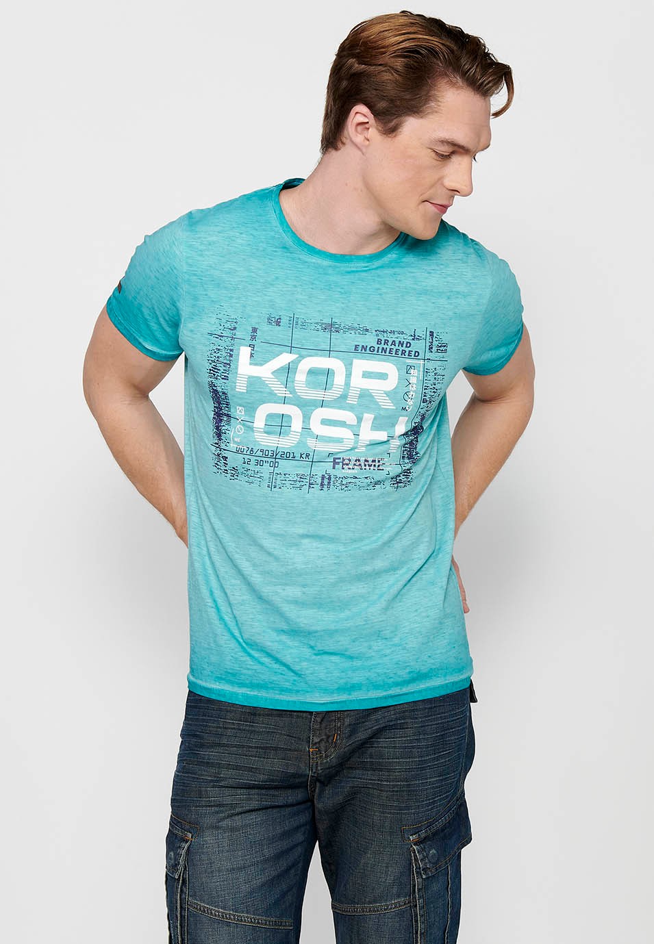 Kurzärmliges Herren-T-Shirt aus Baumwolle mit Rundhalsausschnitt und mintfarbenem Aufdruck auf der Vorderseite 8