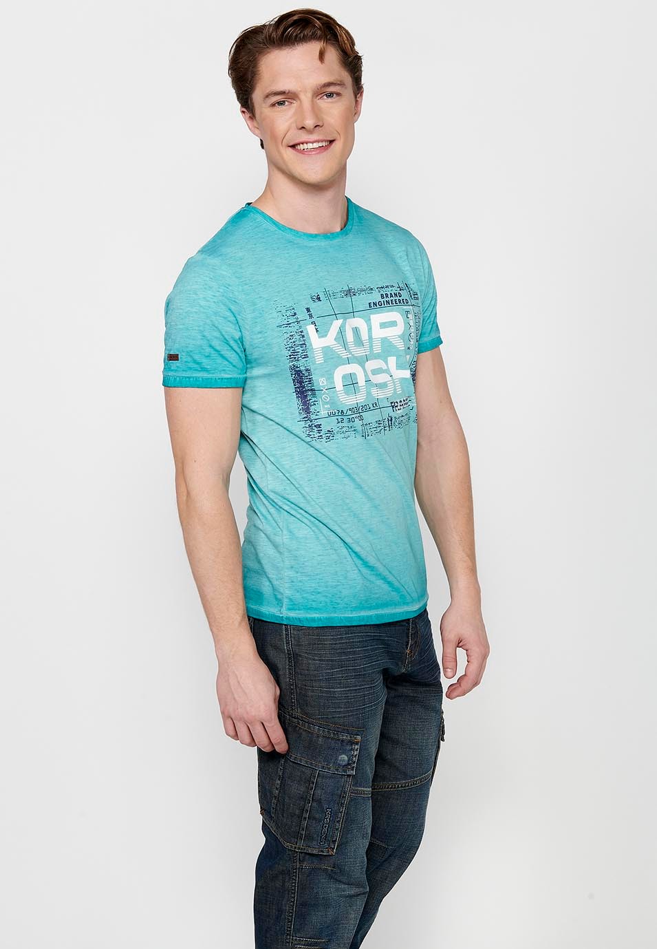 Kurzärmliges Herren-T-Shirt aus Baumwolle mit Rundhalsausschnitt und mintfarbenem Aufdruck auf der Vorderseite 5