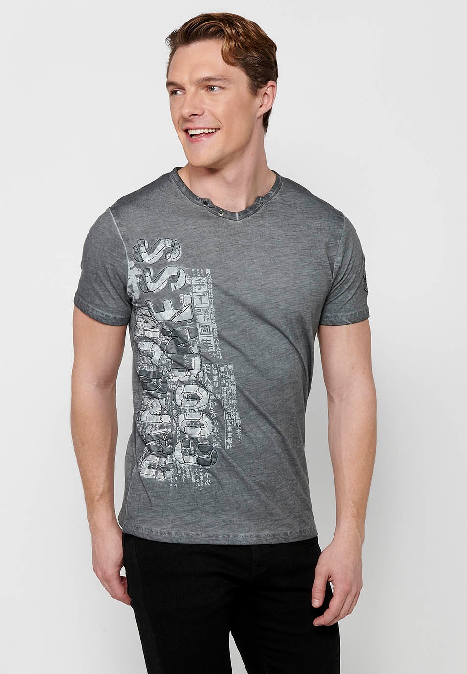 Kurzarm-T-Shirt aus Baumwolle, V-Ausschnitt mit Knopfverzierung, graue Farbe für Herren