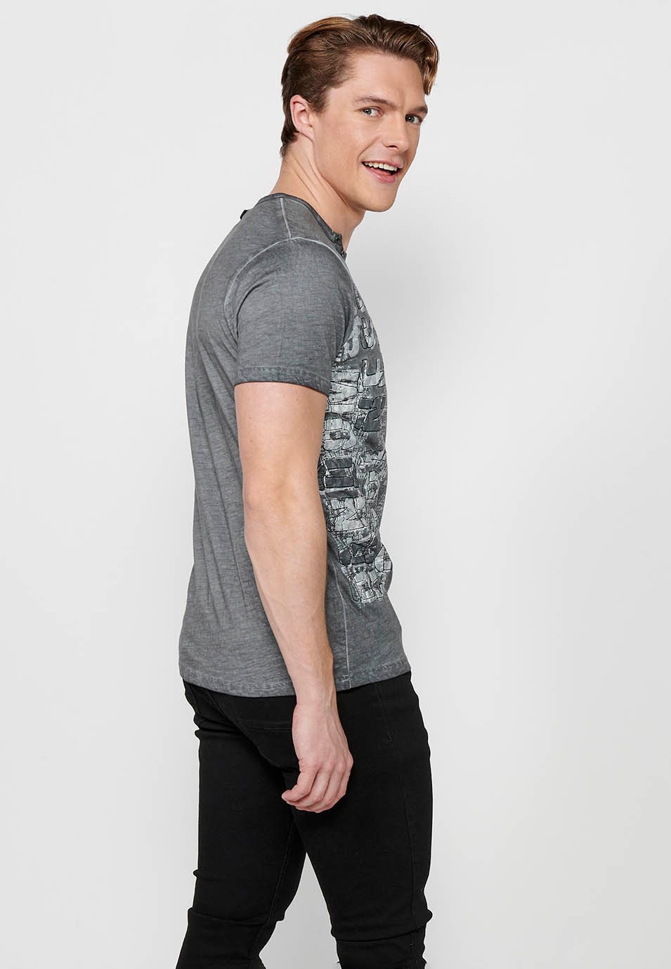 Kurzarm-T-Shirt aus Baumwolle, V-Ausschnitt mit Knopfverzierung, graue Farbe für Herren