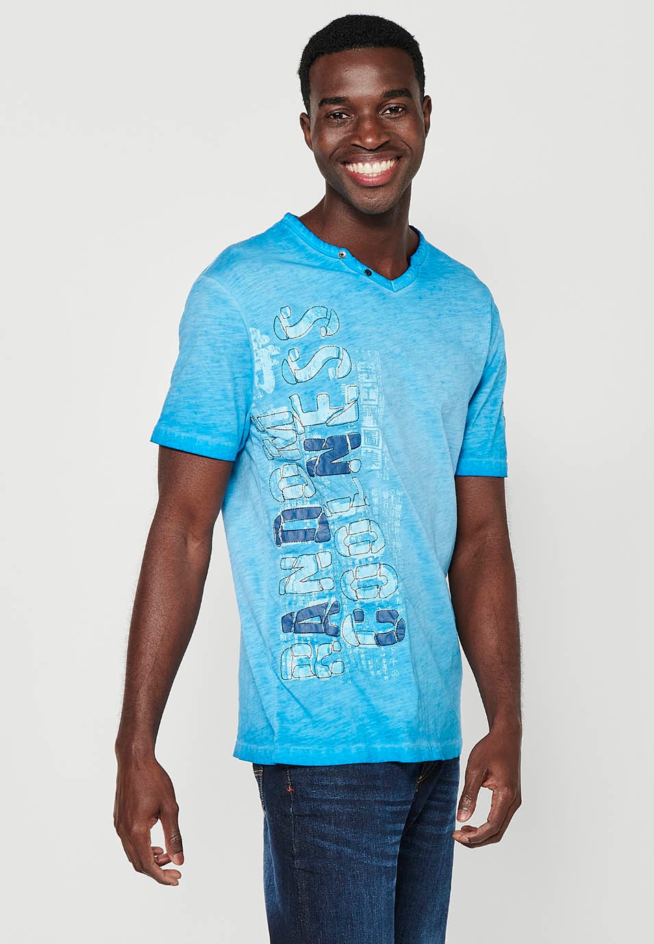 Short-sleeved cotton t-shirt, V-neck with button decoration, blue color for men 7