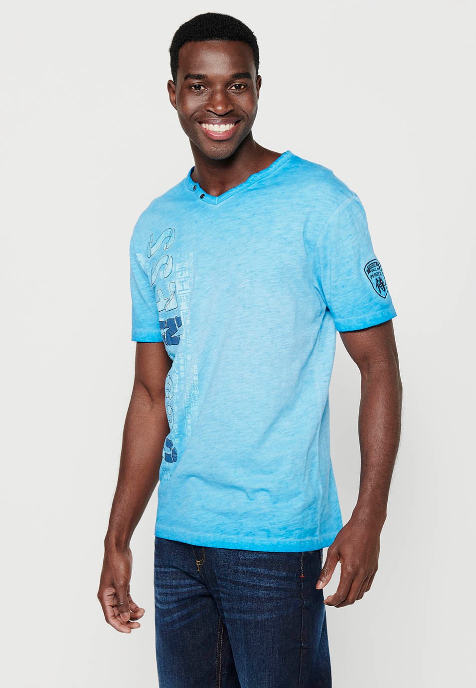 Short-sleeved cotton t-shirt, V-neck with button decoration, blue color for men 1