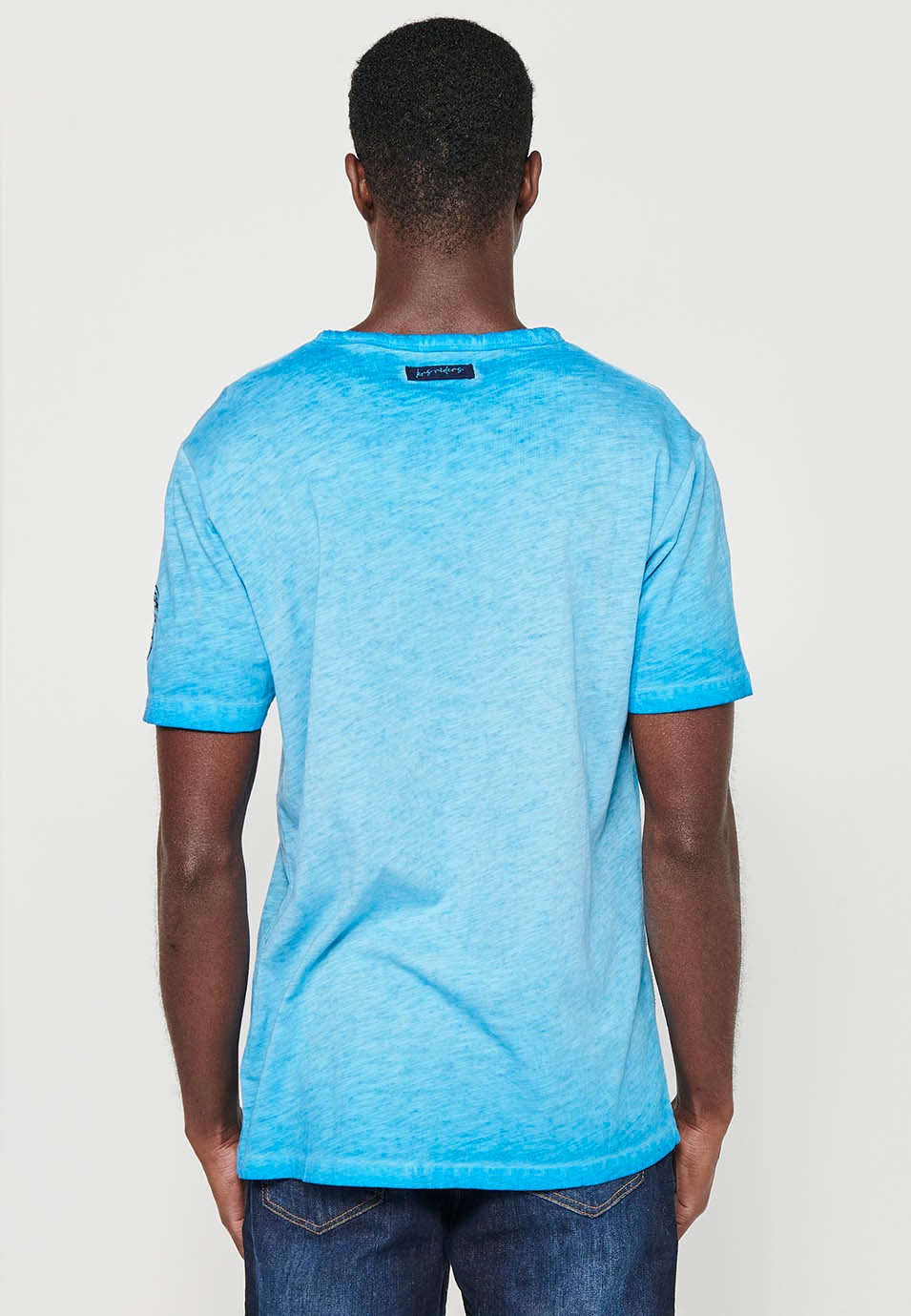 Short-sleeved cotton t-shirt, V-neck with button decoration, blue color for men 2