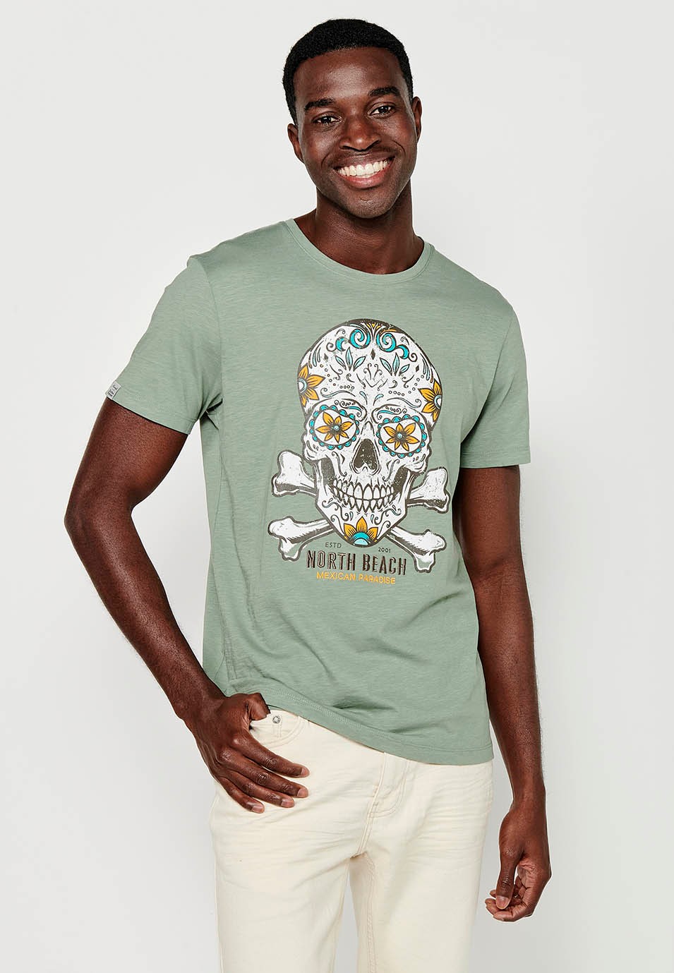 Herren-Kurzarm-T-Shirt aus Baumwolle mit Rundhalsausschnitt in Khaki-Farbe und Print vorne