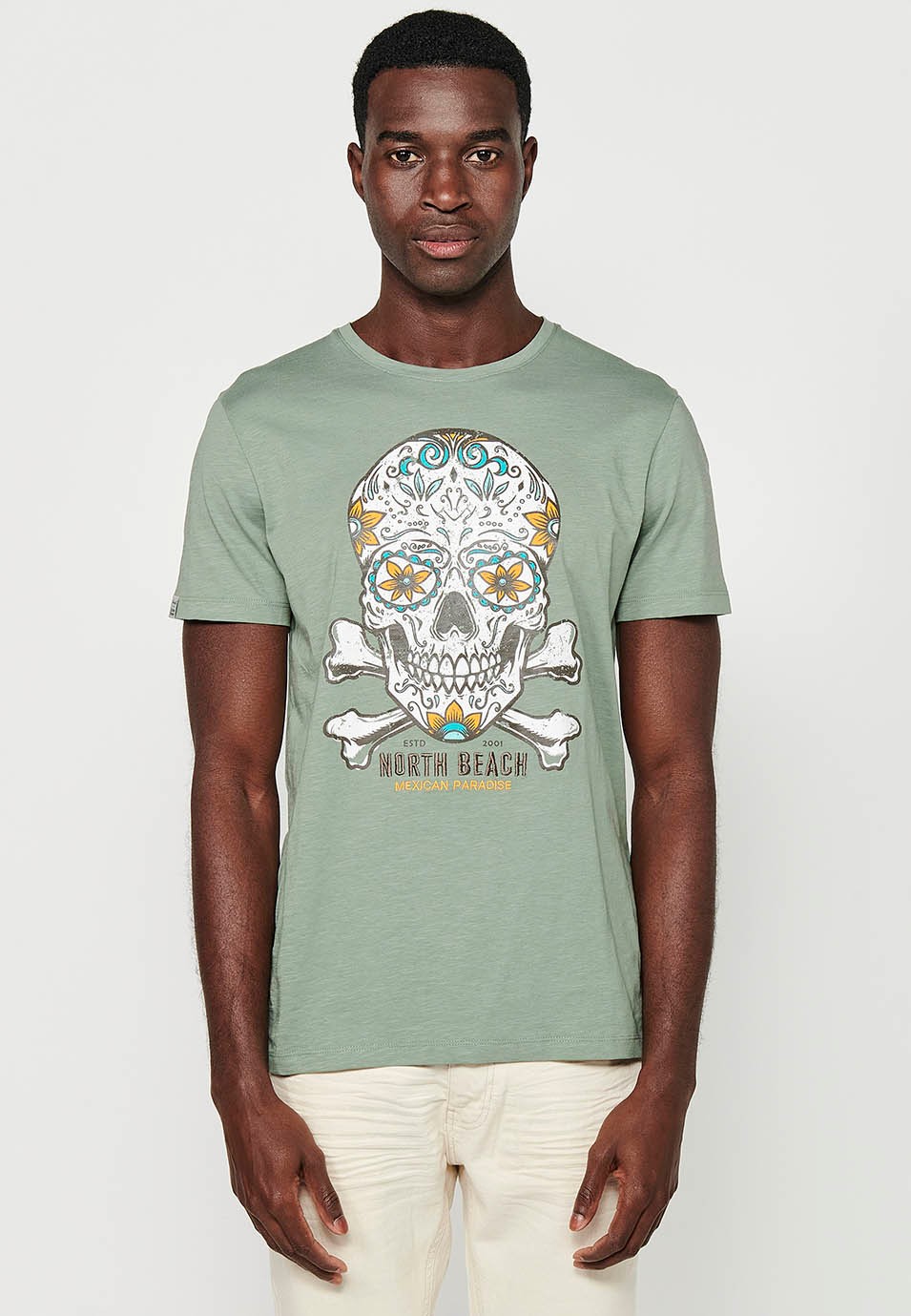 Herren-Kurzarm-T-Shirt aus Baumwolle mit Rundhalsausschnitt in Khaki-Farbe und Print vorne 4