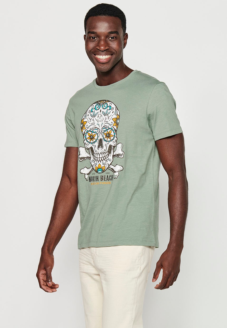 Herren-Kurzarm-T-Shirt aus Baumwolle mit Rundhalsausschnitt in Khaki-Farbe und Print vorne 1
