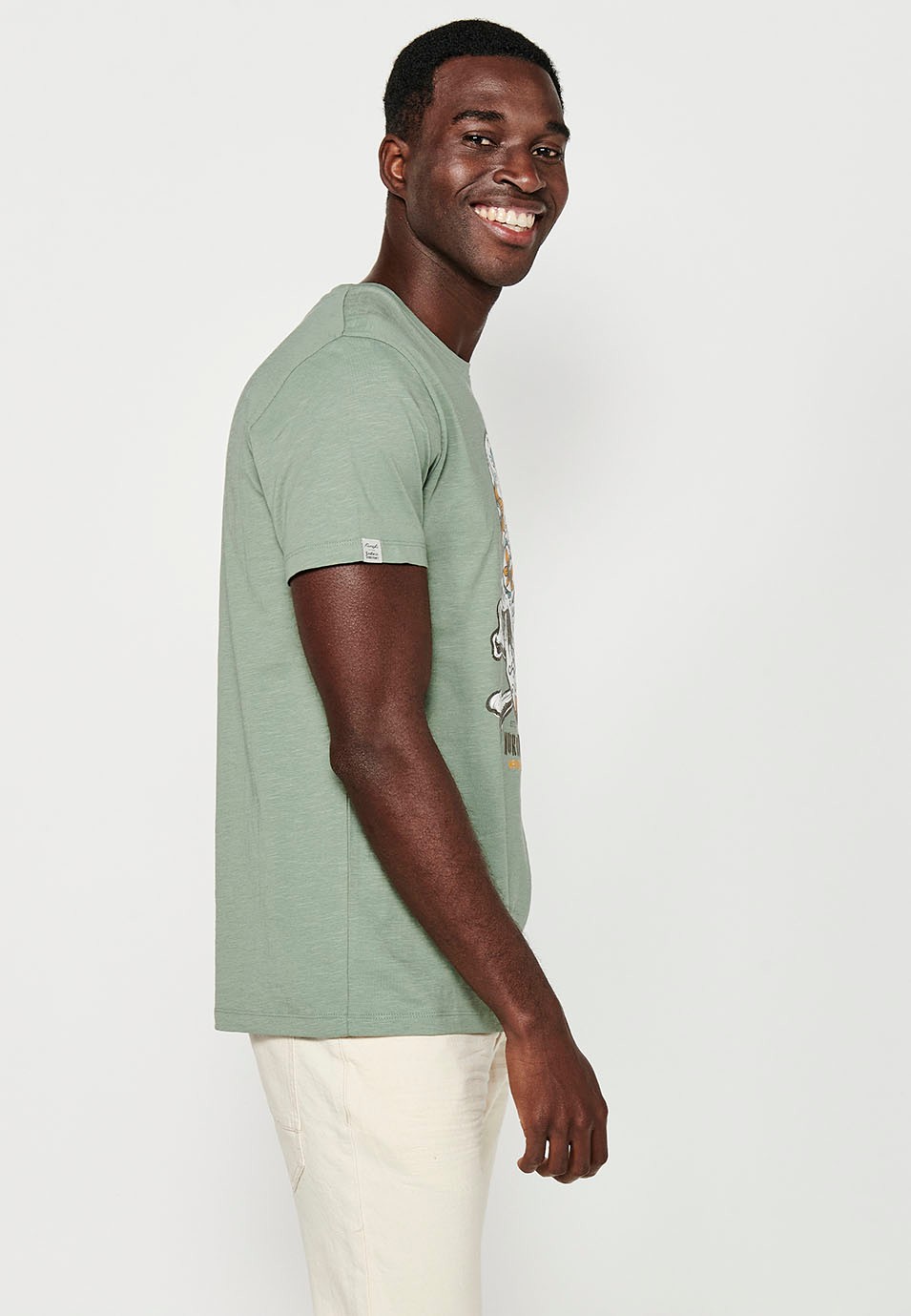 Herren-Kurzarm-T-Shirt aus Baumwolle mit Rundhalsausschnitt in Khaki-Farbe und Print vorne 5