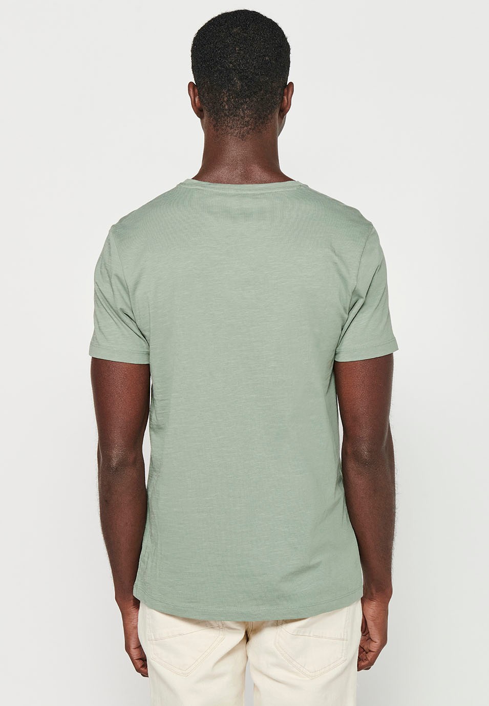 Herren-Kurzarm-T-Shirt aus Baumwolle mit Rundhalsausschnitt in Khaki-Farbe und Print vorne 3