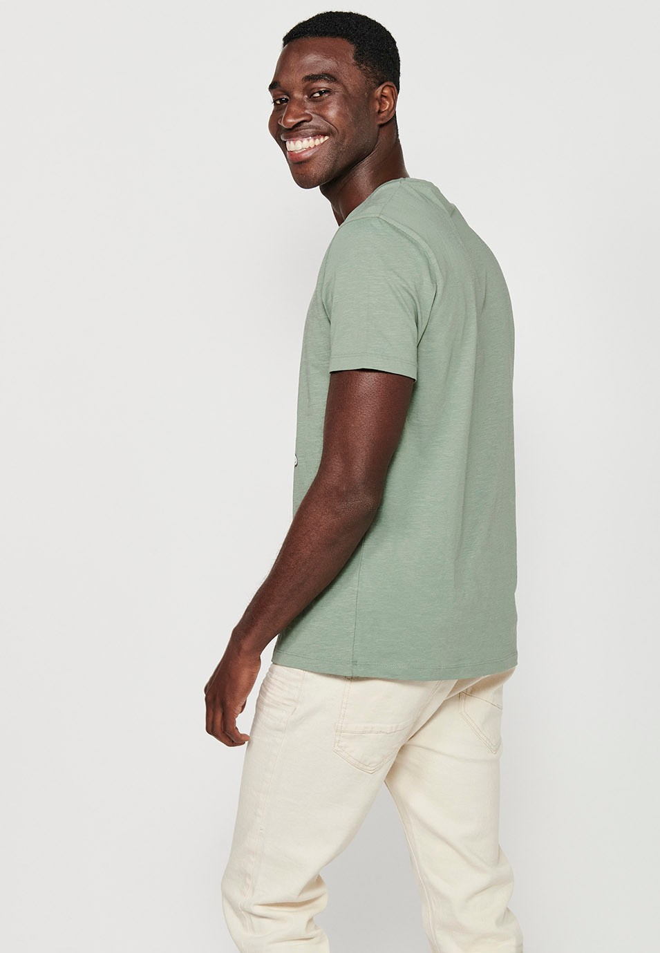 Herren-Kurzarm-T-Shirt aus Baumwolle mit Rundhalsausschnitt in Khaki-Farbe und Print vorne 2