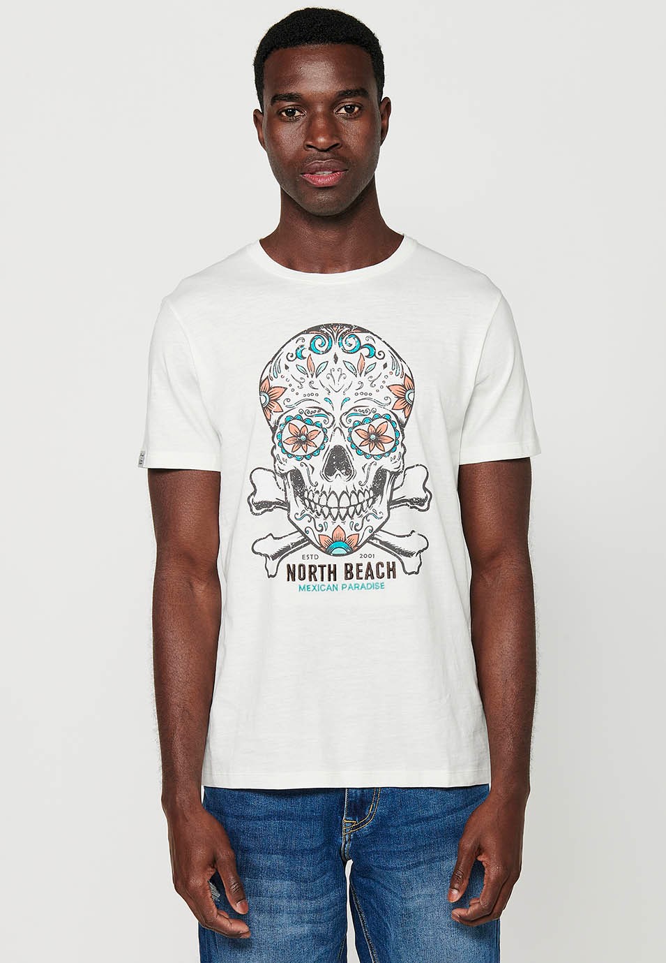 Herren-Kurzarm-T-Shirt aus ecrufarbener Baumwolle mit Rundhalsausschnitt und Print auf der Vorderseite 3