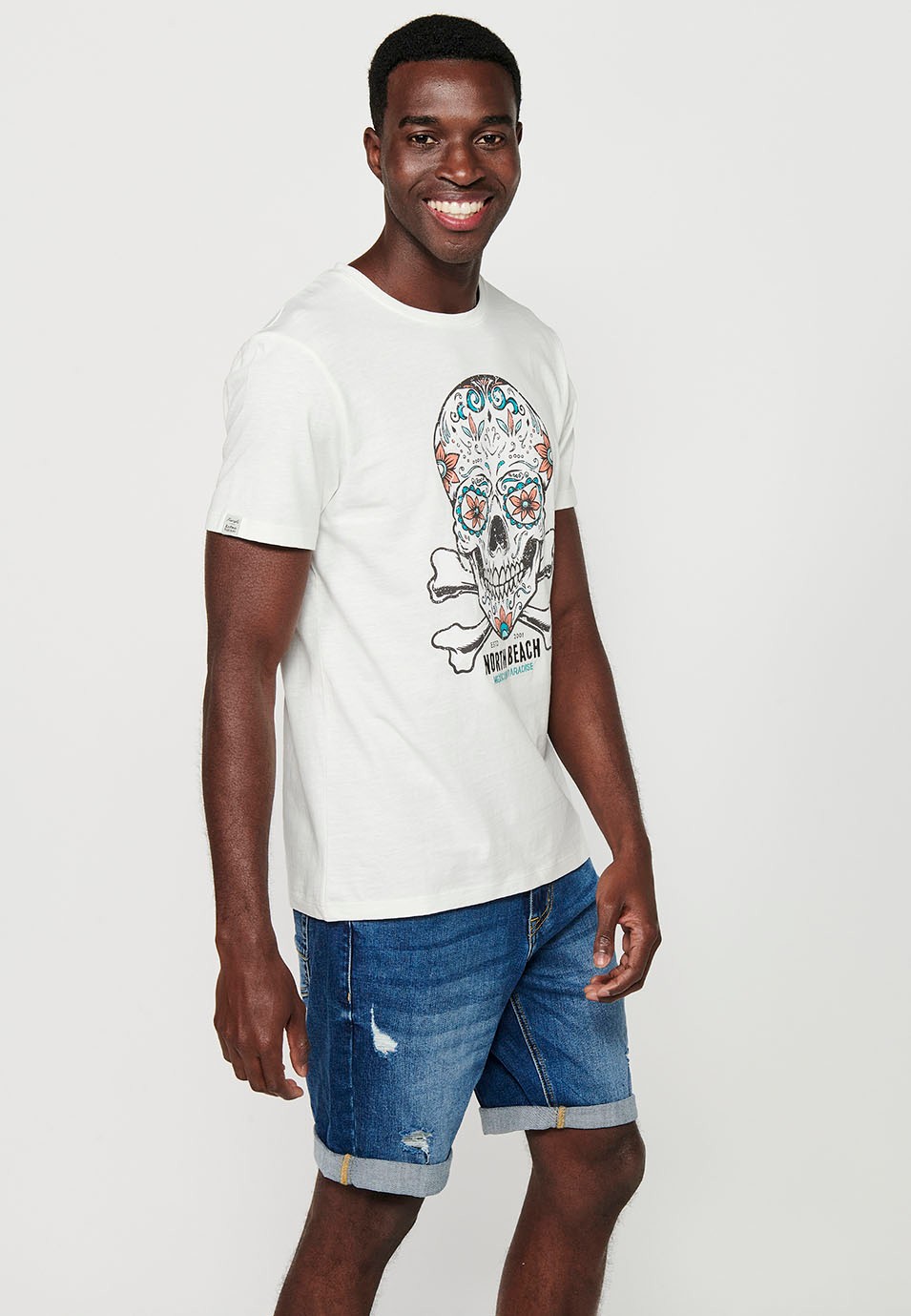 Herren-Kurzarm-T-Shirt aus ecrufarbener Baumwolle mit Rundhalsausschnitt und Print auf der Vorderseite 1