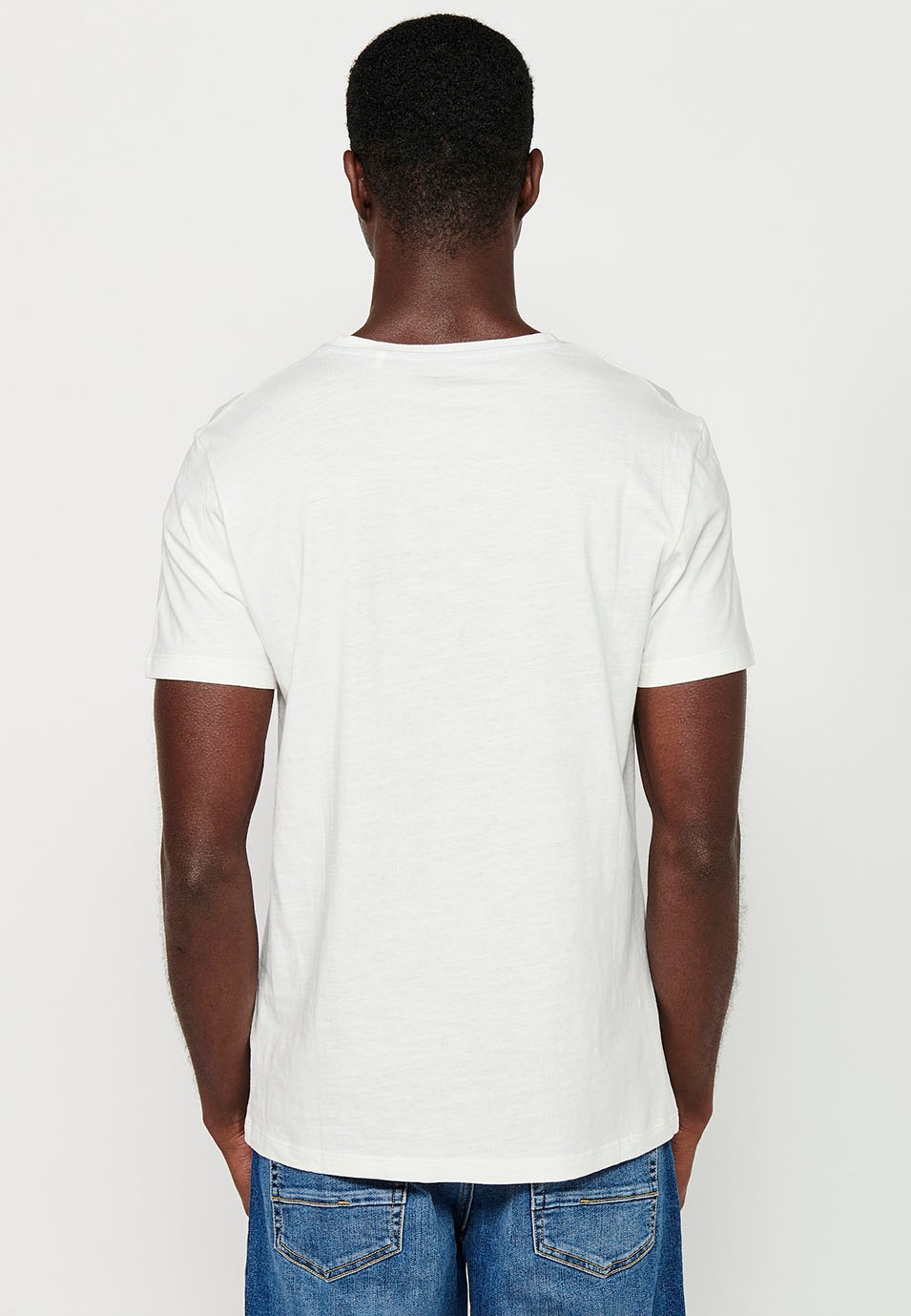 Herren-Kurzarm-T-Shirt aus ecrufarbener Baumwolle mit Rundhalsausschnitt und Print auf der Vorderseite 7