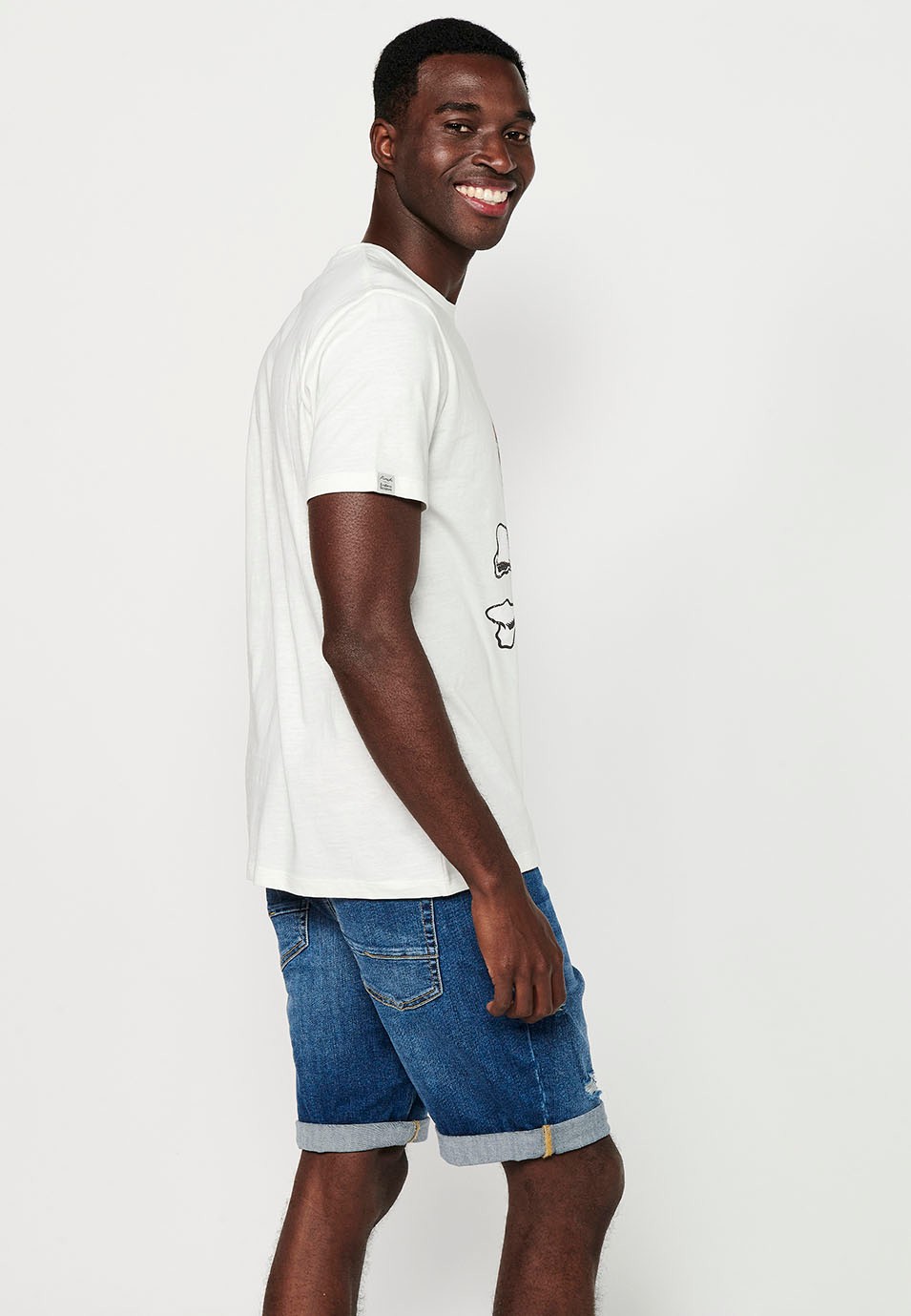 Herren-Kurzarm-T-Shirt aus ecrufarbener Baumwolle mit Rundhalsausschnitt und Print auf der Vorderseite 4