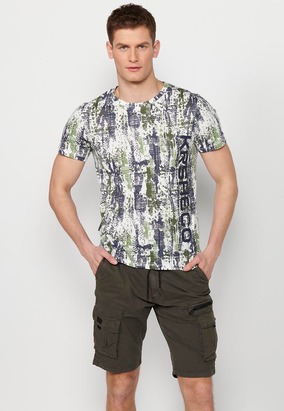Camiseta de manga corta de algodo, estampada multicolor para hombre