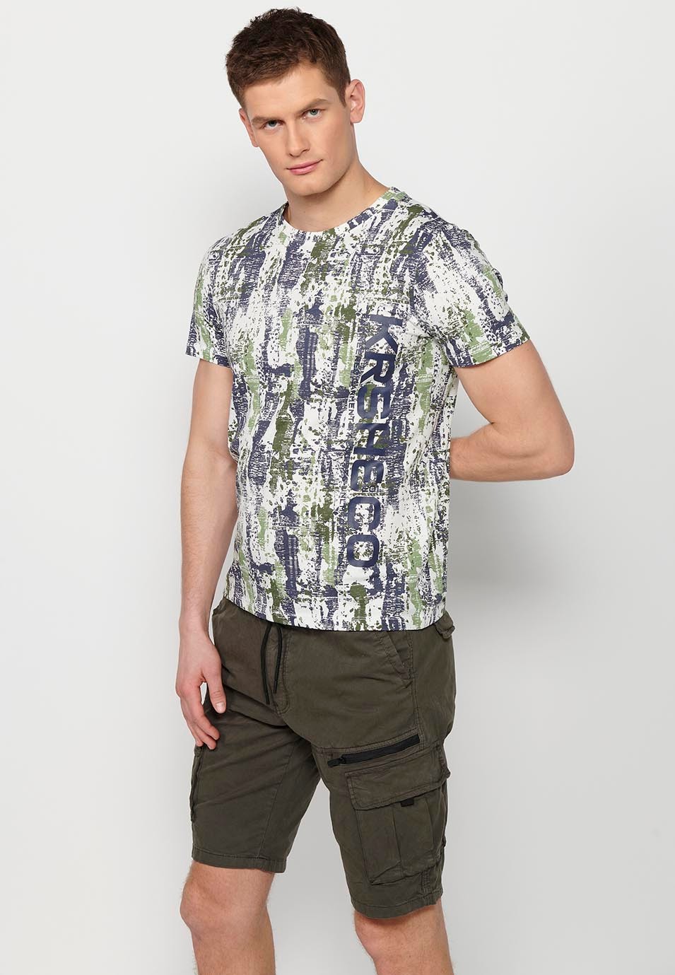 Camiseta de manga corta de algodo, estampada multicolor para hombre