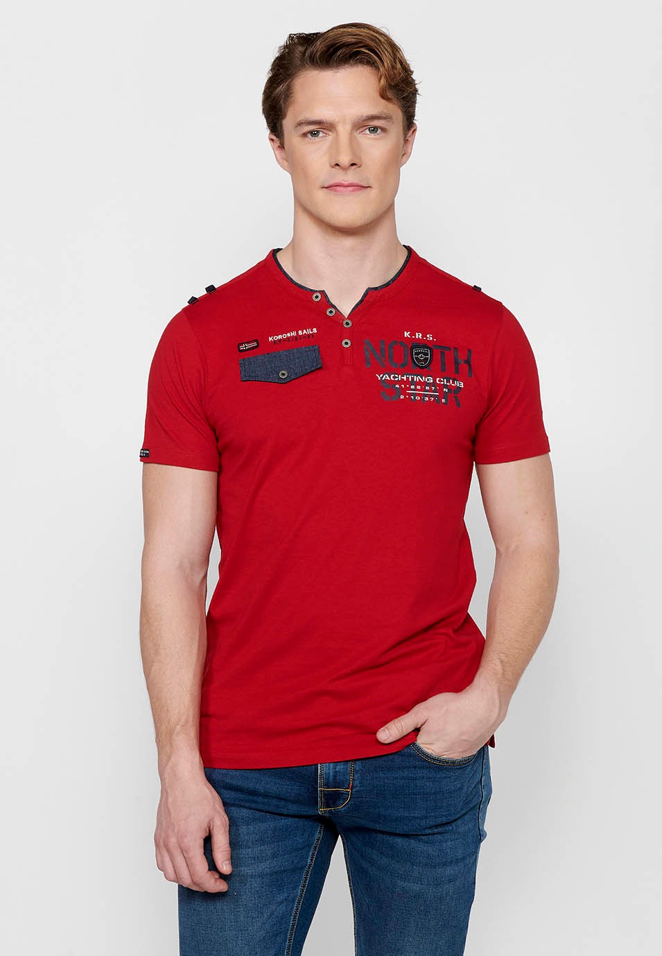 Short Sleeve Cotton T-shirt with Round Neck with Buttoned Opening in Red for Men