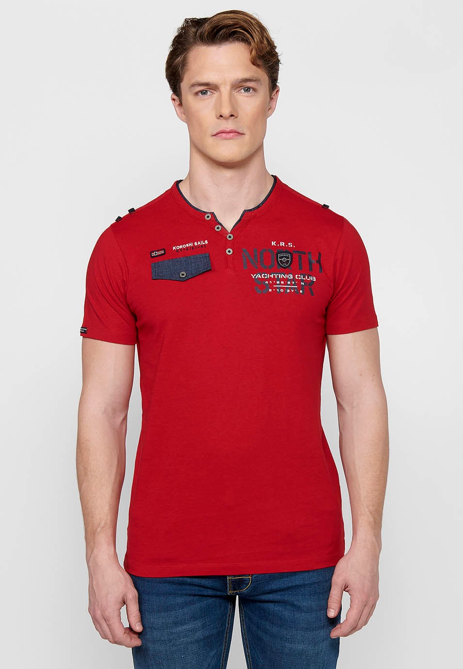 Kurzärmliges Baumwoll-T-Shirt mit Rundhalsausschnitt und geknöpfter Öffnung in Rot für Herren 1