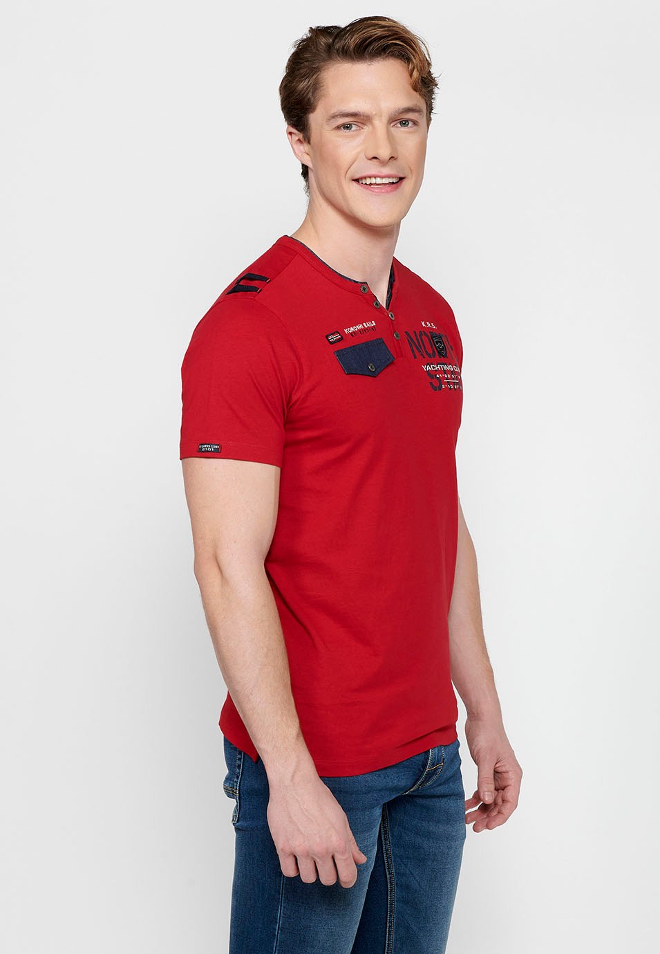 Short Sleeve Cotton T-shirt with Round Neck with Buttoned Opening in Red for Men 6