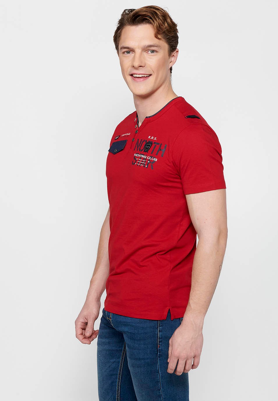 Kurzärmliges Baumwoll-T-Shirt mit Rundhalsausschnitt und geknöpfter Öffnung in Rot für Herren 5