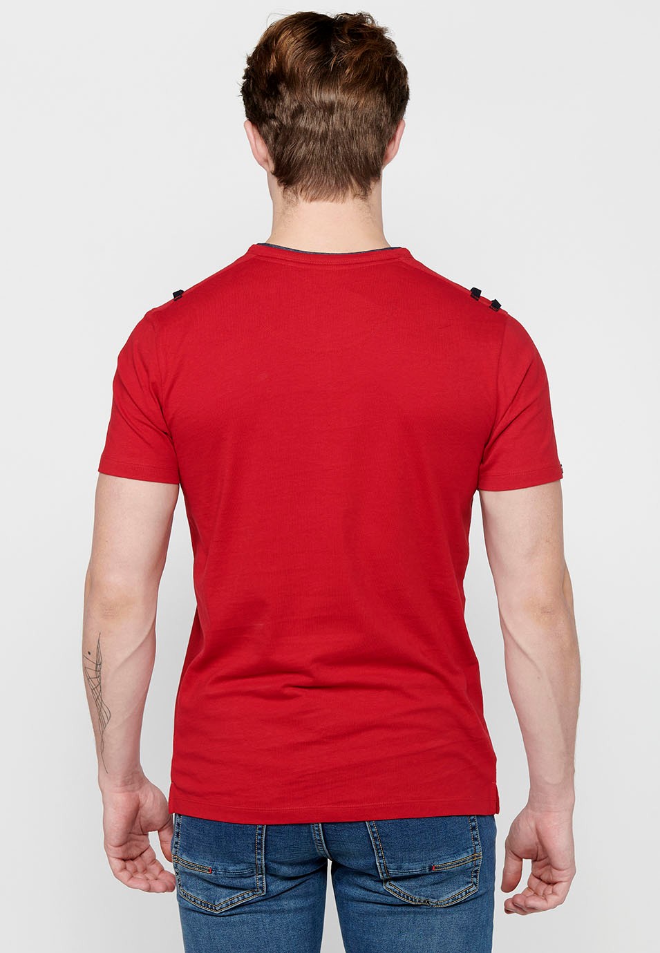 Kurzärmliges Baumwoll-T-Shirt mit Rundhalsausschnitt und geknöpfter Öffnung in Rot für Herren 2