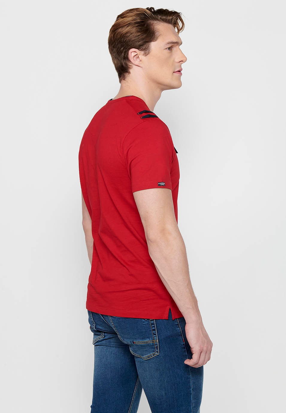 Short Sleeve Cotton T-shirt with Round Neck with Buttoned Opening in Red for Men 4