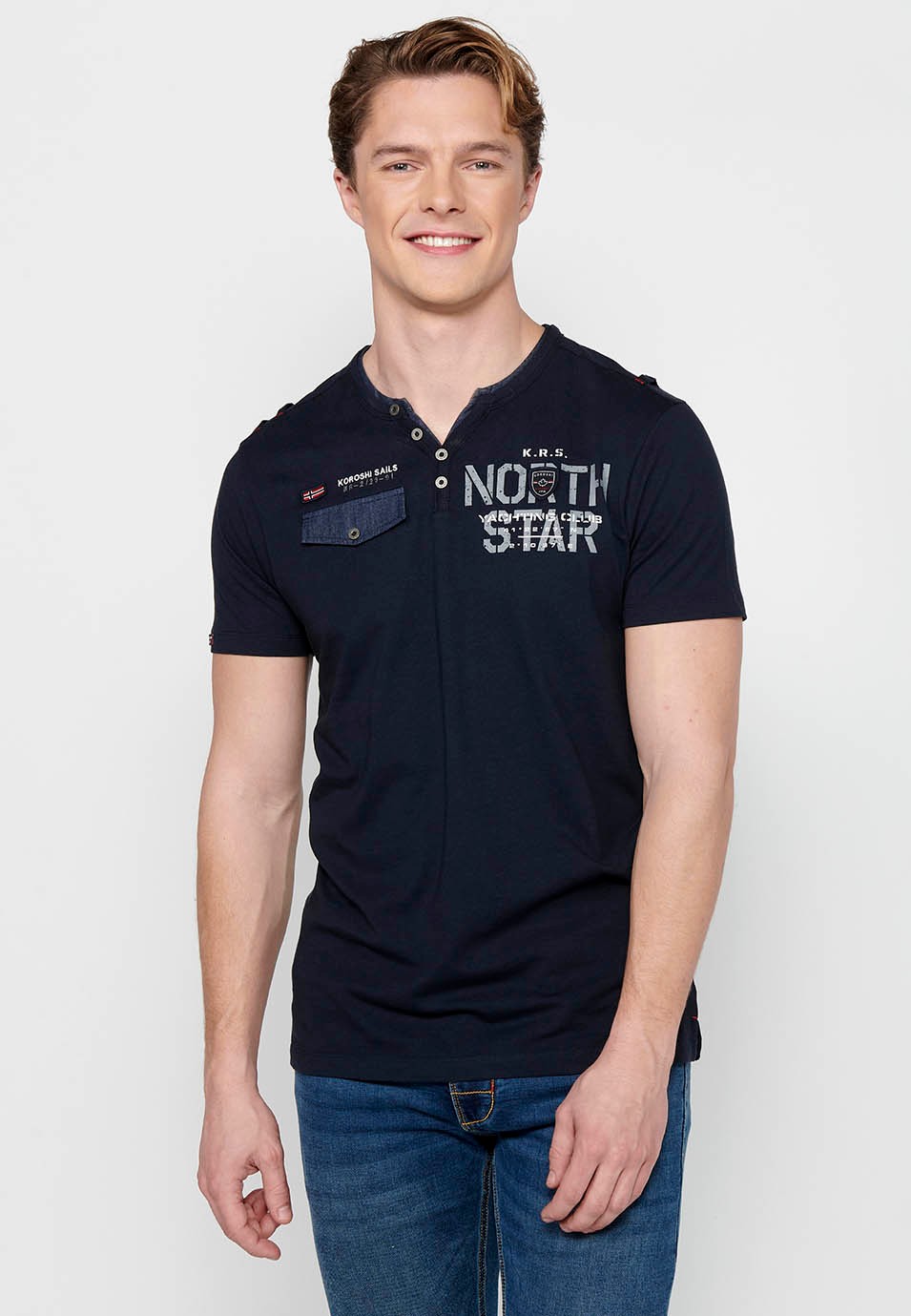 Marineblaues, kurzärmliges Baumwoll-T-Shirt mit Rundhalsausschnitt und geknöpfter Öffnung für Herren