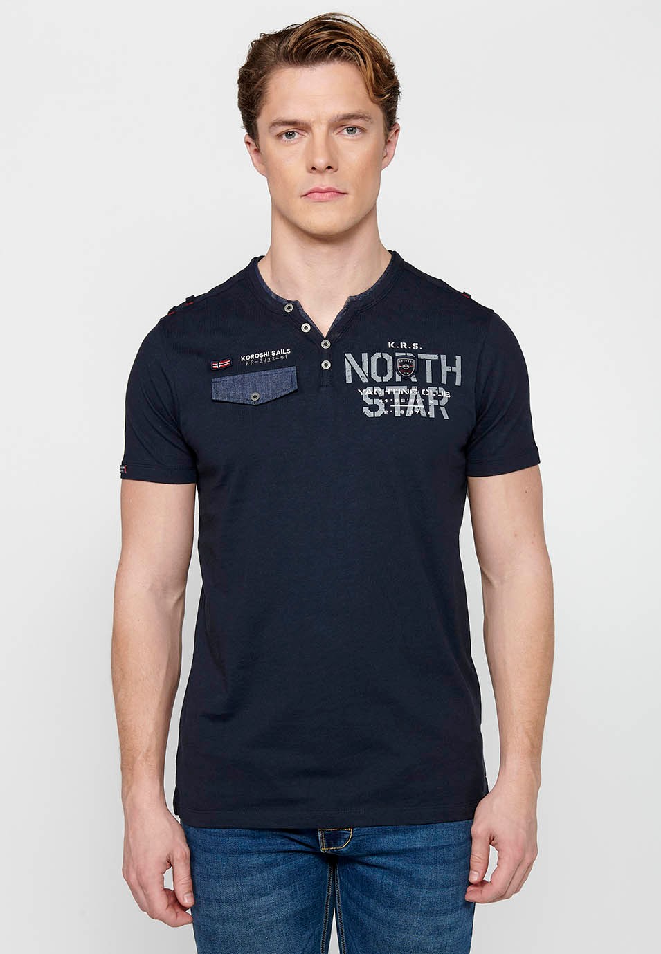 Marineblaues, kurzärmliges Baumwoll-T-Shirt mit Rundhalsausschnitt und geknöpfter Öffnung für Herren 7