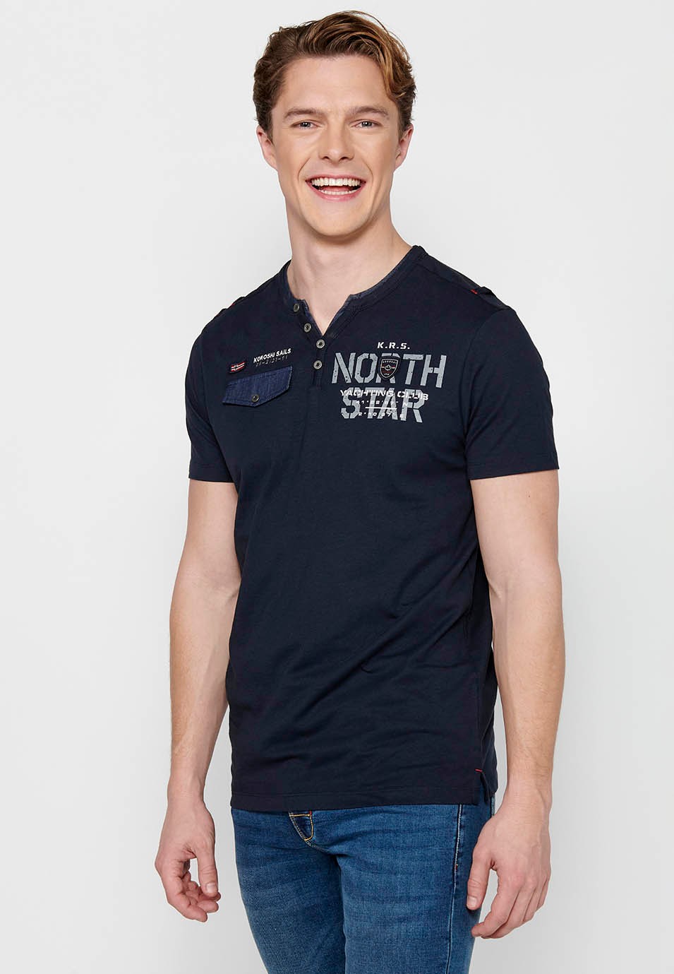 T-shirt en coton à manches courtes de couleur marine, col rond avec ouverture boutonnée pour homme 5