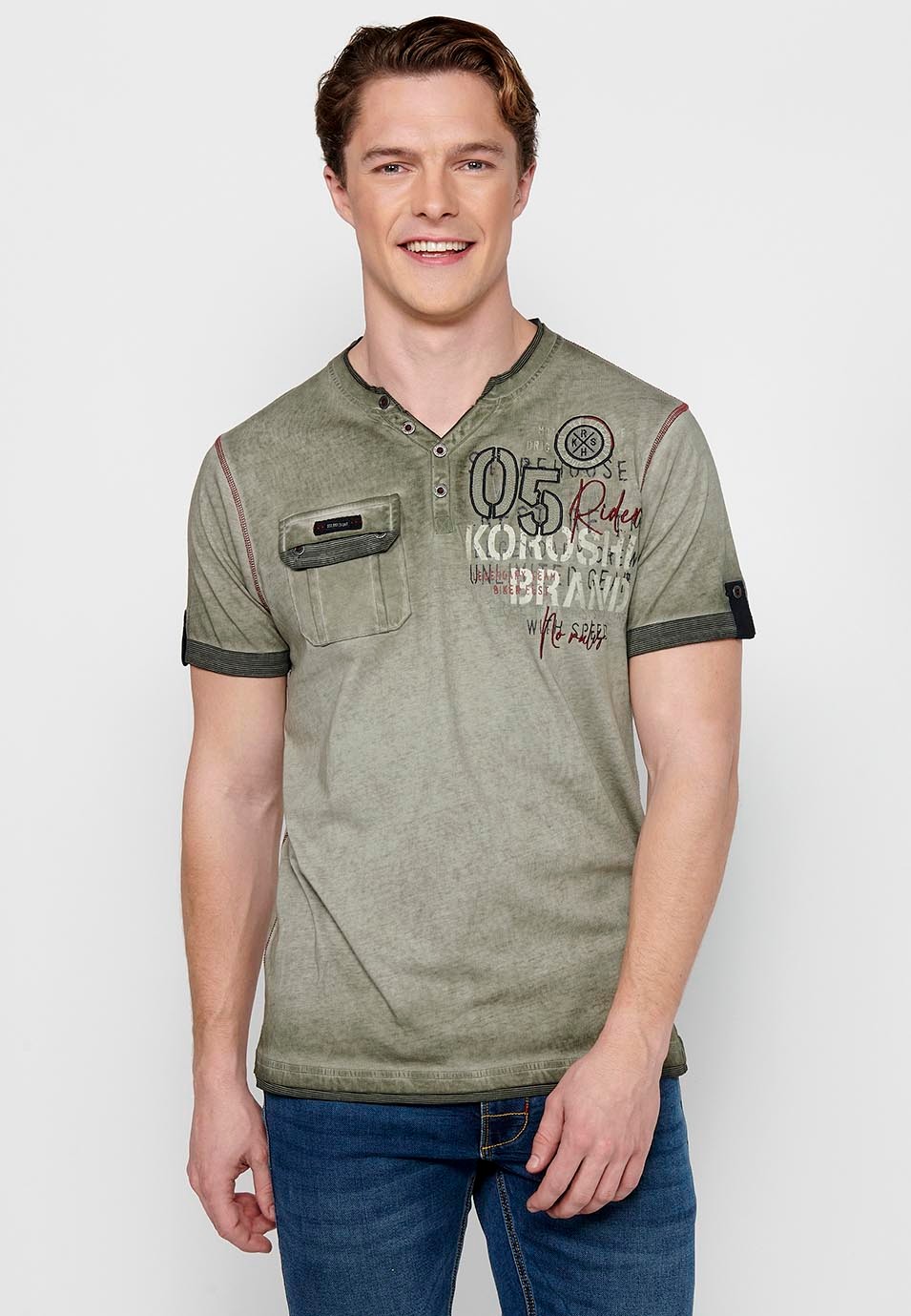 Khakifarbenes, kurzärmliges Baumwoll-T-Shirt mit Rundhalsausschnitt und Knopfleiste für Herren