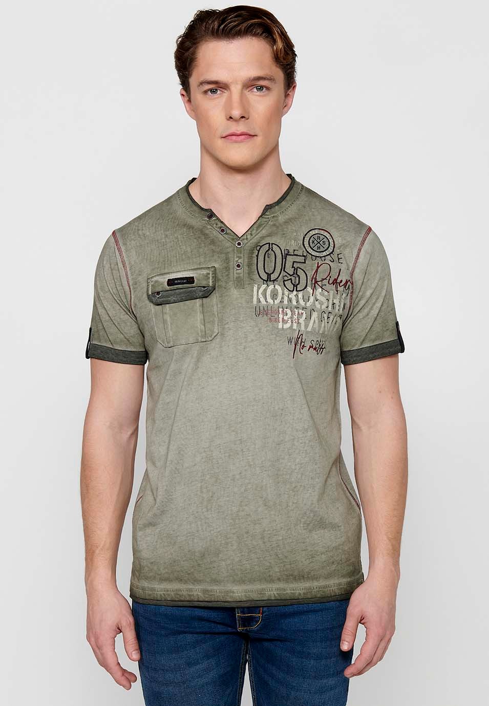 Khakifarbenes, kurzärmliges Baumwoll-T-Shirt mit Rundhalsausschnitt und Knopfleiste für Herren 2