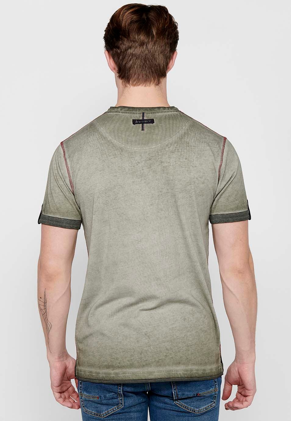 Khakifarbenes, kurzärmliges Baumwoll-T-Shirt mit Rundhalsausschnitt und Knopfleiste für Herren 5