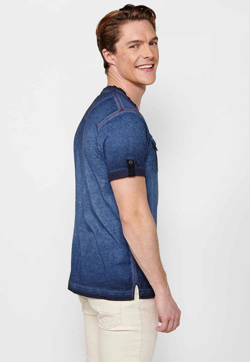 Camiseta de manga corta de algodón y cuello redondo con botones de color azul para hombre