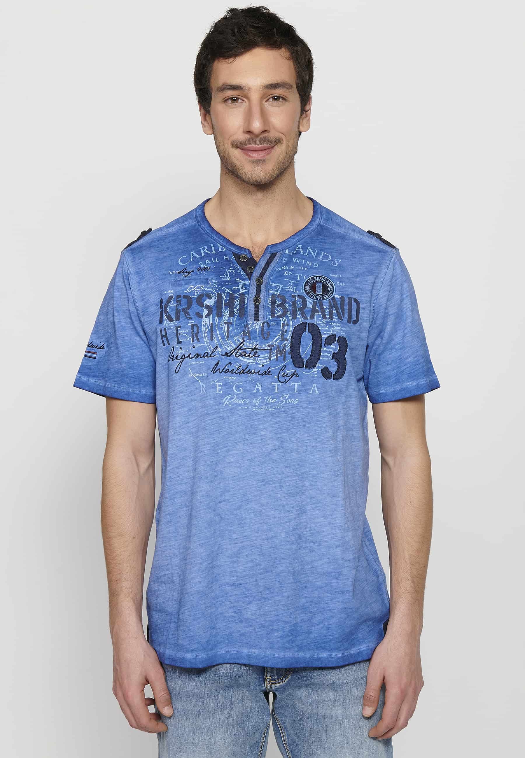 Men's Short Sleeve Cotton T-shirt with Round Neck with Buttoned Opening and blue Front Detail