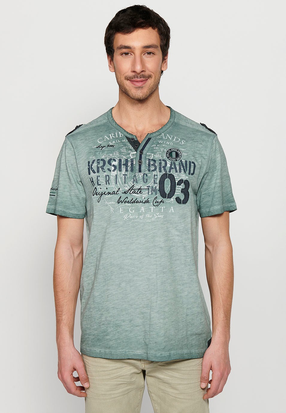 Kurzärmliges Herren-T-Shirt aus Baumwolle mit Rundhalsausschnitt, geknöpfter Öffnung und khakifarbenem Detail vorne 5