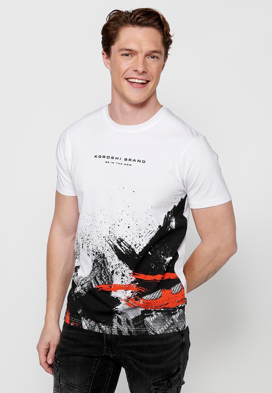Kurzarm-T-Shirt aus Baumwolle, Farbverlaufsdruck vorne, weiße Farbe für Herren