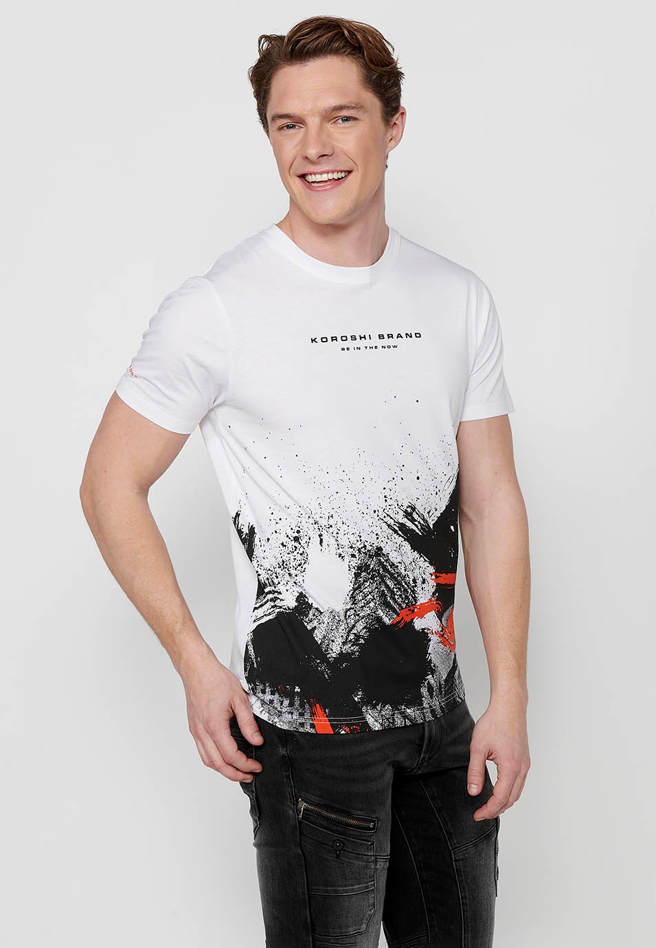 Short-sleeved cotton T-shirt, gradient front print, white color for men