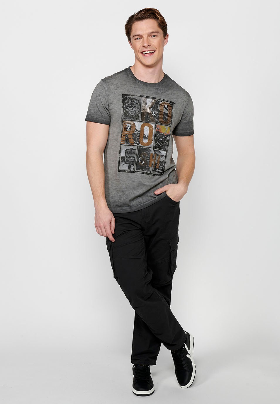 Kurzärmeliges Baumwoll-T-Shirt mit Rundhalsausschnitt und grauem Frontdruck für Herren 4
