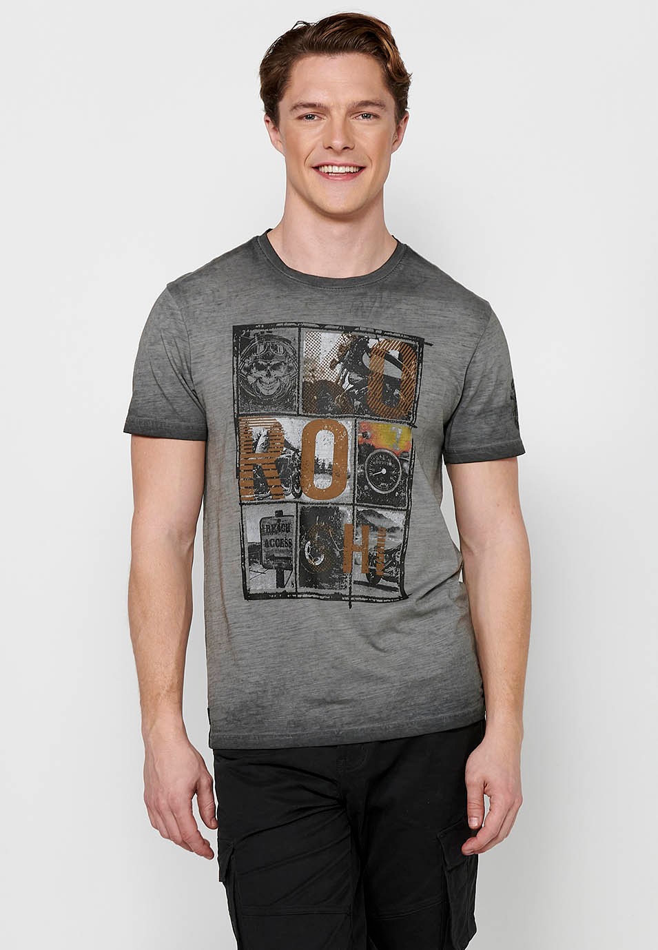Kurzärmeliges Baumwoll-T-Shirt mit Rundhalsausschnitt und grauem Frontdruck für Herren 1