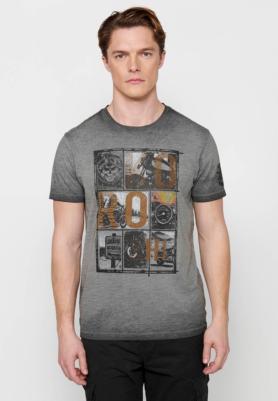 Kurzärmeliges Baumwoll-T-Shirt mit Rundhalsausschnitt und grauem Frontdruck für Herren 2