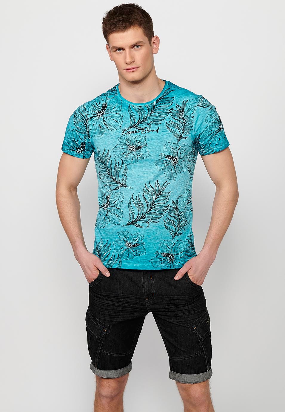 Short-sleeved cotton t-shirt, mint floral print for men