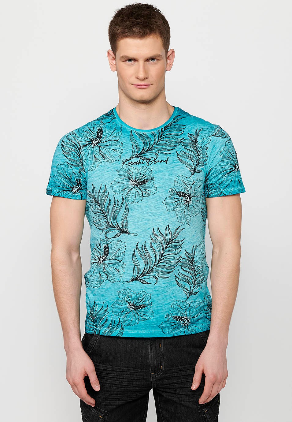 Kurzärmliges Baumwoll-T-Shirt mit mintfarbenem Blumendruck für Herren