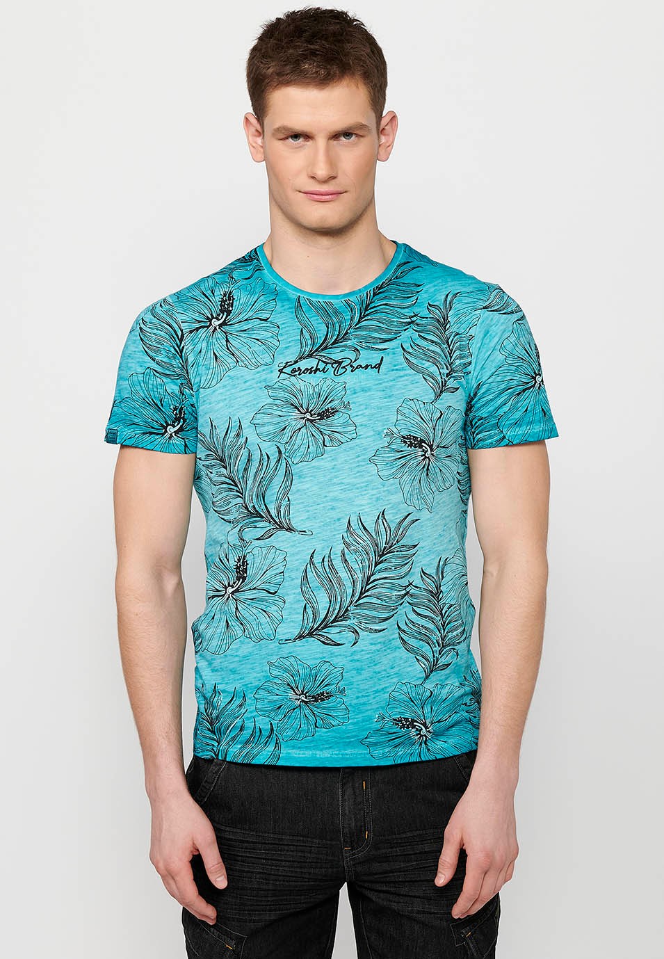 Camiseta de manga corta de algodon, estampado floral color menta para hombre