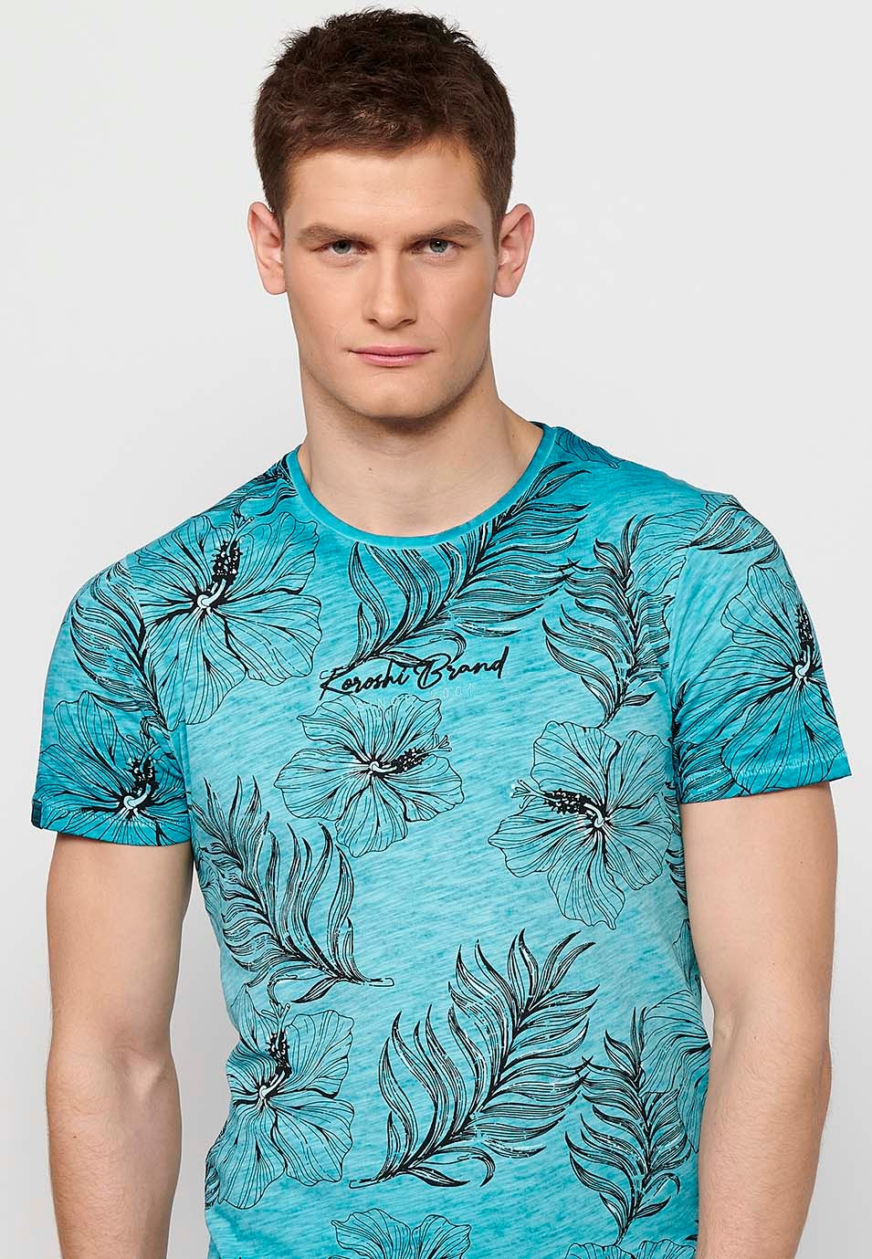 Camiseta de manga corta de algodon, estampado floral color menta para hombre