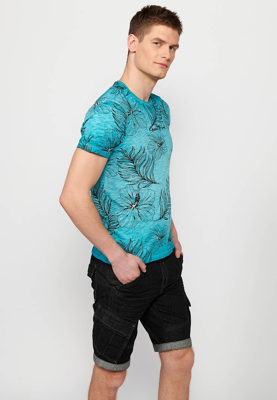 Short-sleeved cotton t-shirt, mint floral print for men