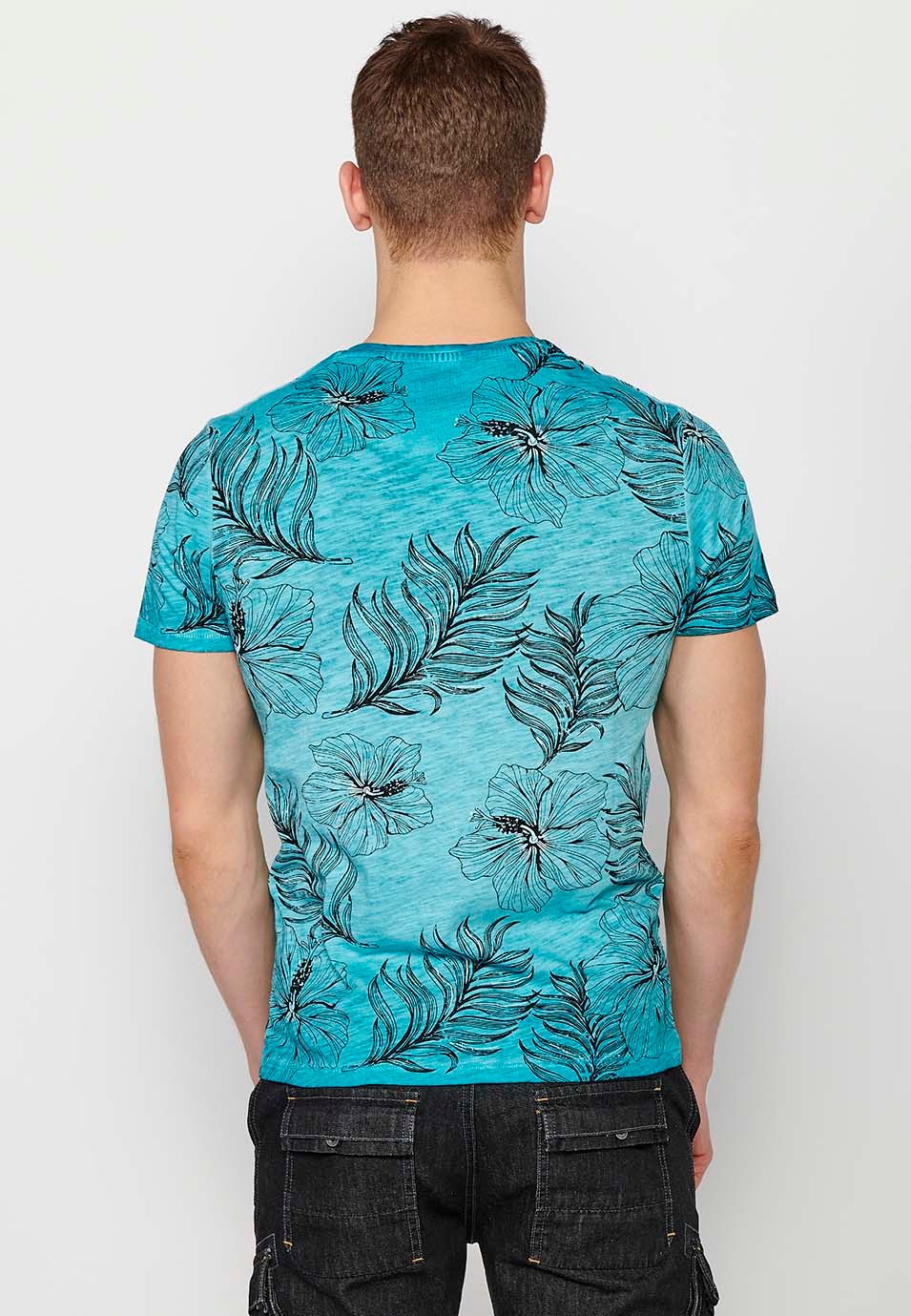 Short-sleeved cotton t-shirt, mint floral print for men