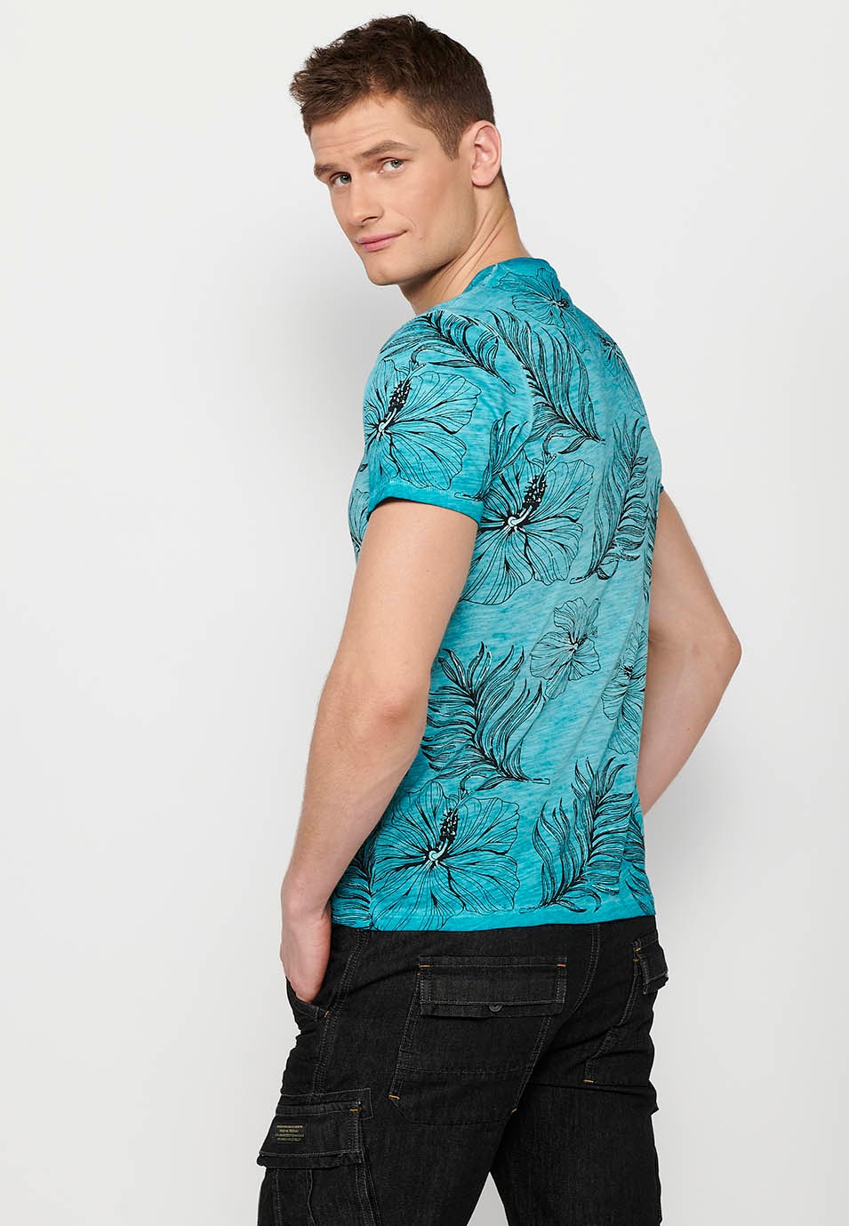 Kurzärmliges Baumwoll-T-Shirt mit mintfarbenem Blumendruck für Herren