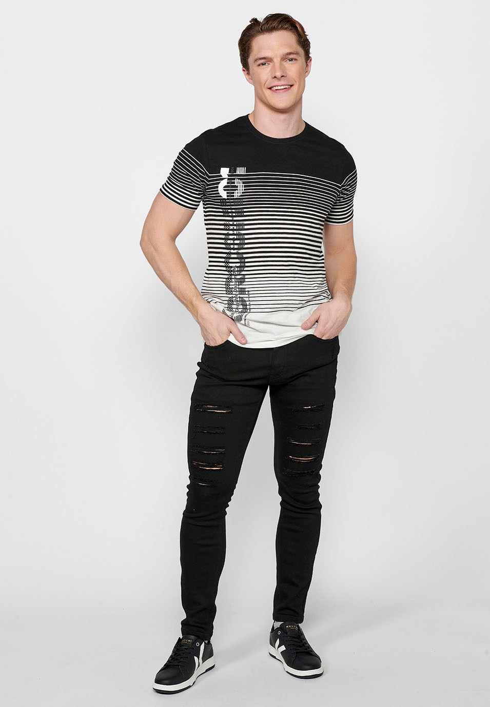 T-shirt noir à manches courtes et col rond pour hommes, imprimé dégradé à rayures