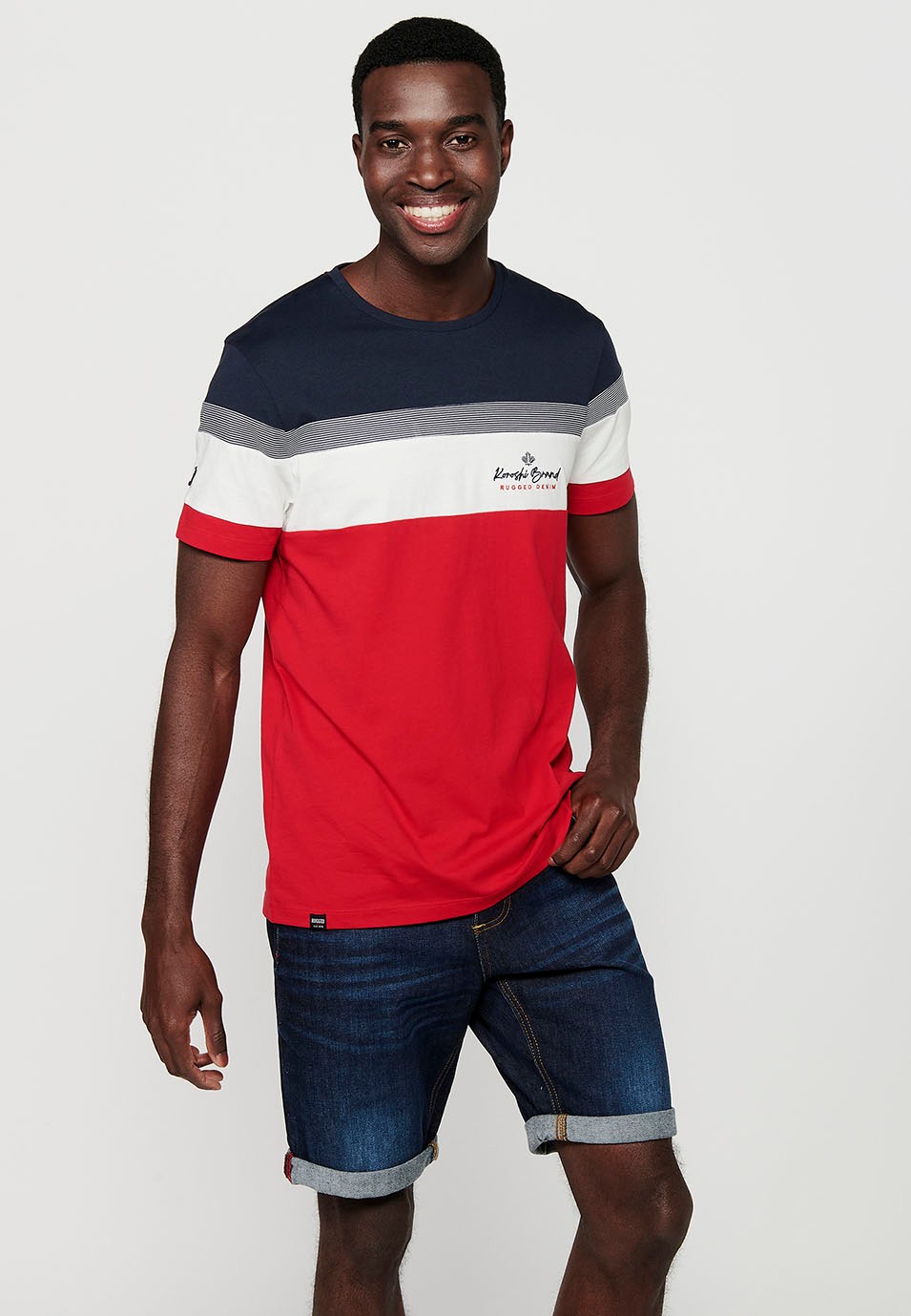 Short-sleeved T-shirt, front embroidery and round neck, multi-color for men