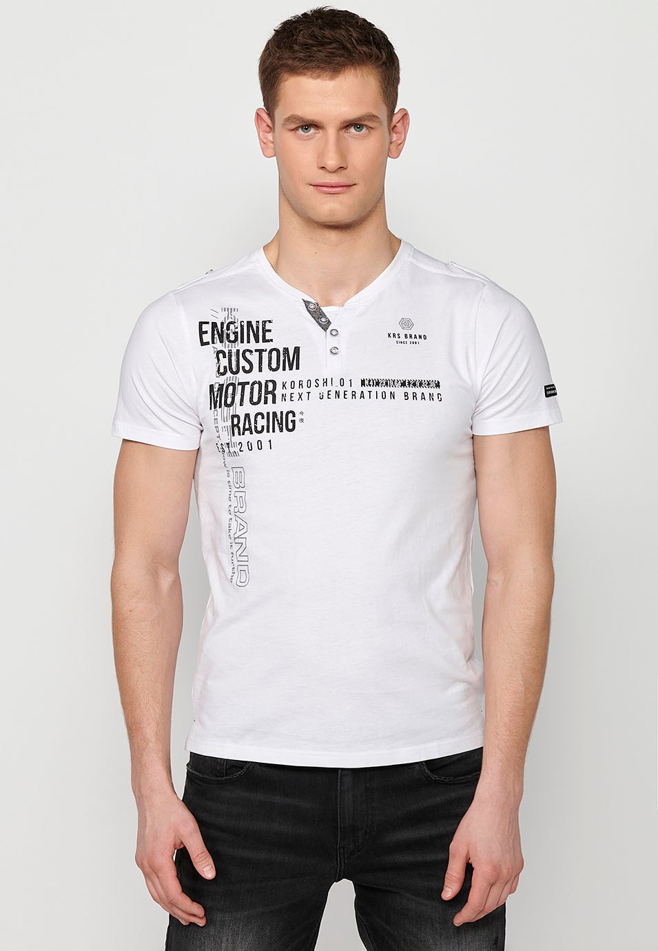 Weißes Herren-T-Shirt aus Baumwolle mit kurzen Ärmeln, Rundhalsausschnitt und geknöpfter Öffnung