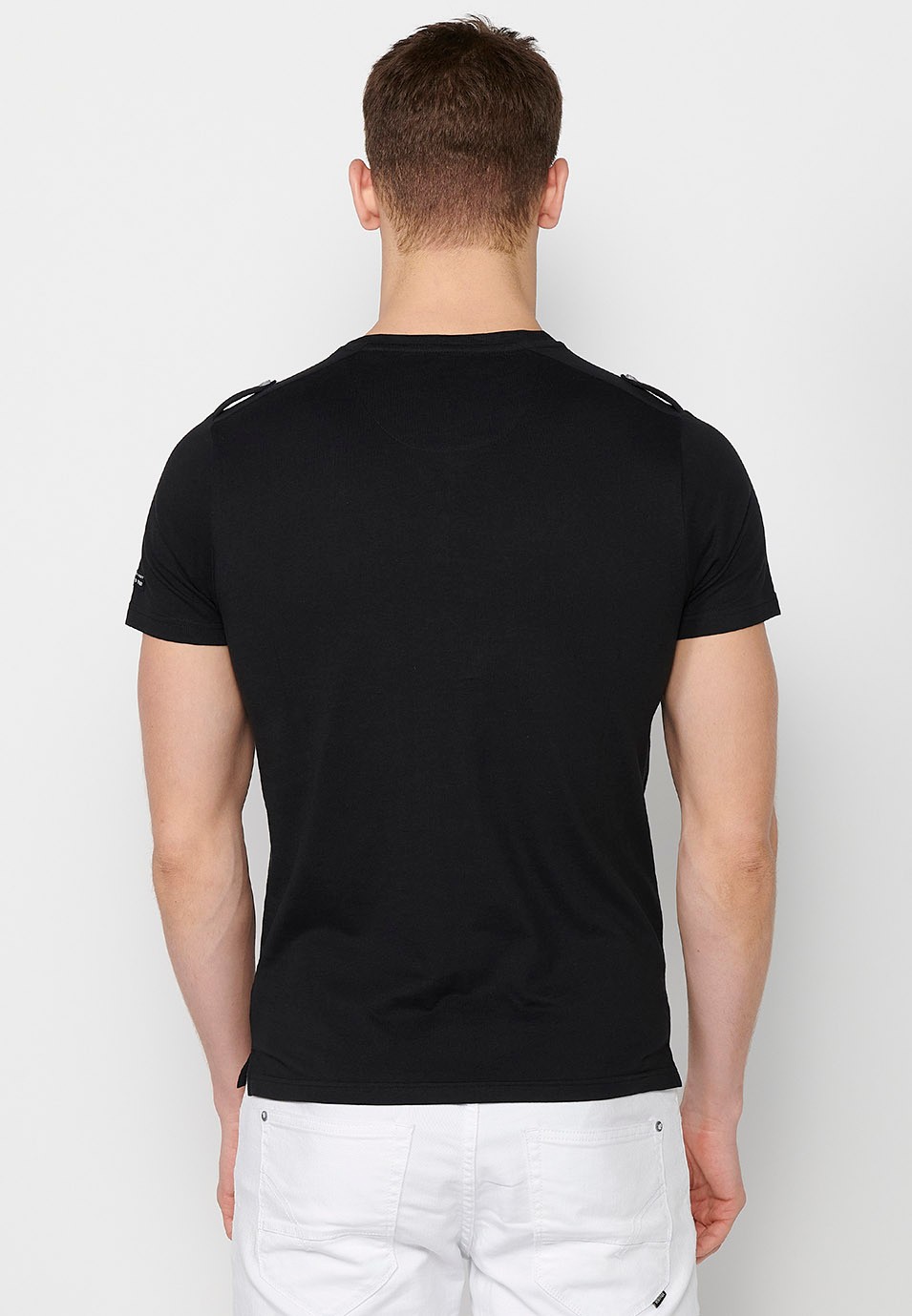 Men's black cotton short-sleeved T-shirt, round neck with buttoned opening